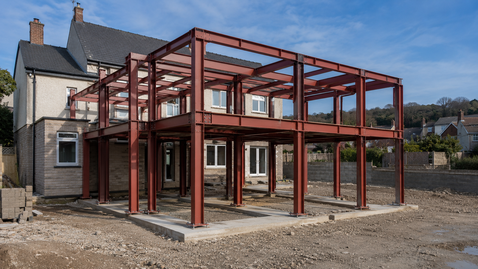 Brynmill partly built with its red-oxide structural steel frame visible